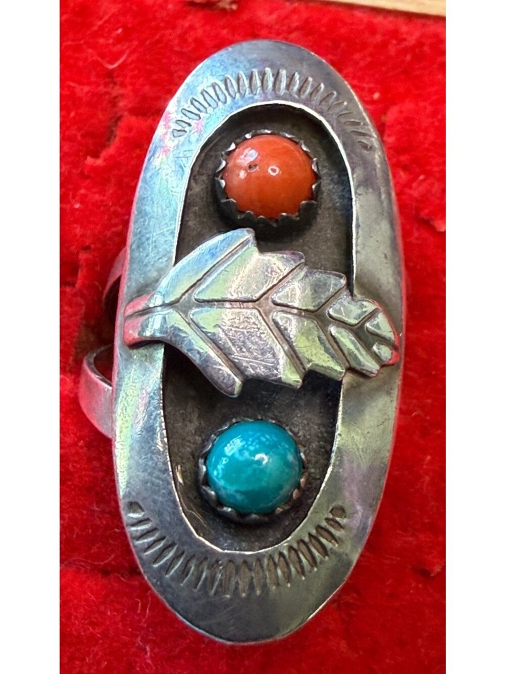 Signed Native American Sterling Silver Ring Coral & Turquoise Size 7 Shadowbox L